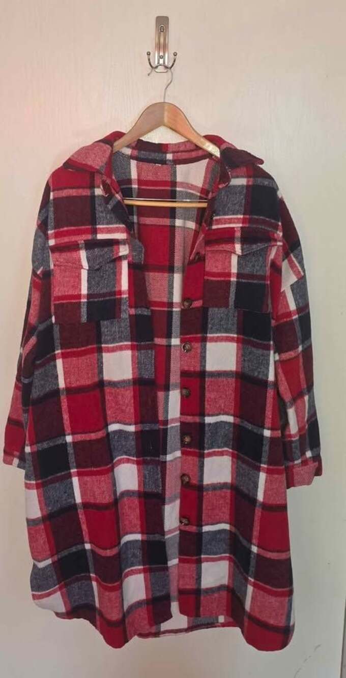 Red and Black Plaid Button-Down Shacket, Size Large